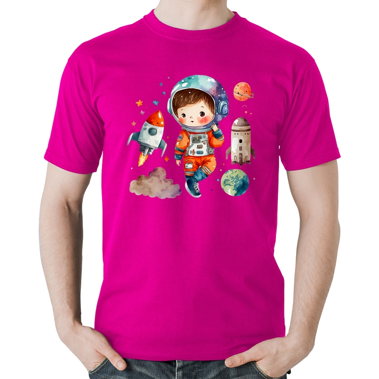 Camiseta Algodão Astronauta Criança e Foguetes - Rosa