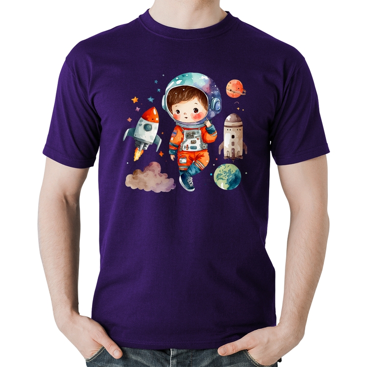 Camiseta Algodão Astronauta Criança e Foguetes - Roxa