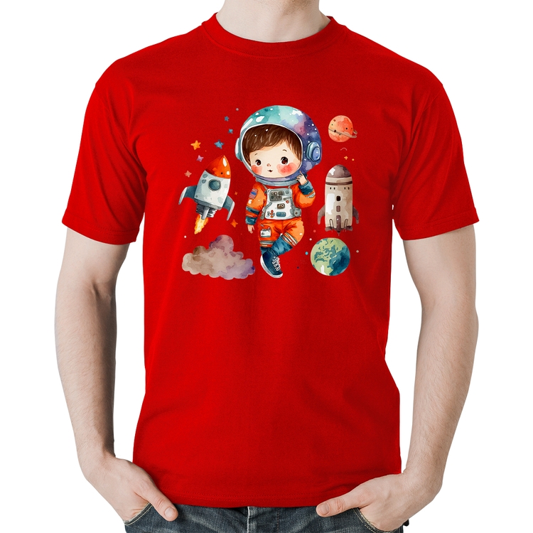 Camiseta Algodão Astronauta Criança e Foguetes - Vermelha