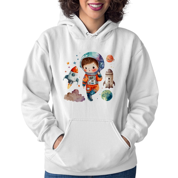 Moletom Feminino Astronauta Criança e Foguetes - Branco