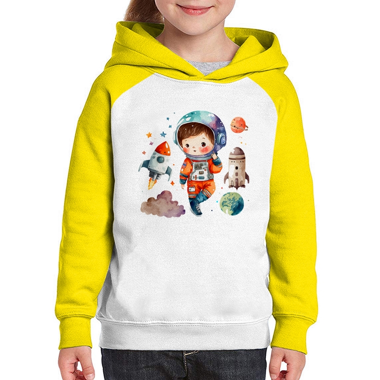 Moletom Infantil Astronauta Criança e Foguetes - Branco/Amarelo