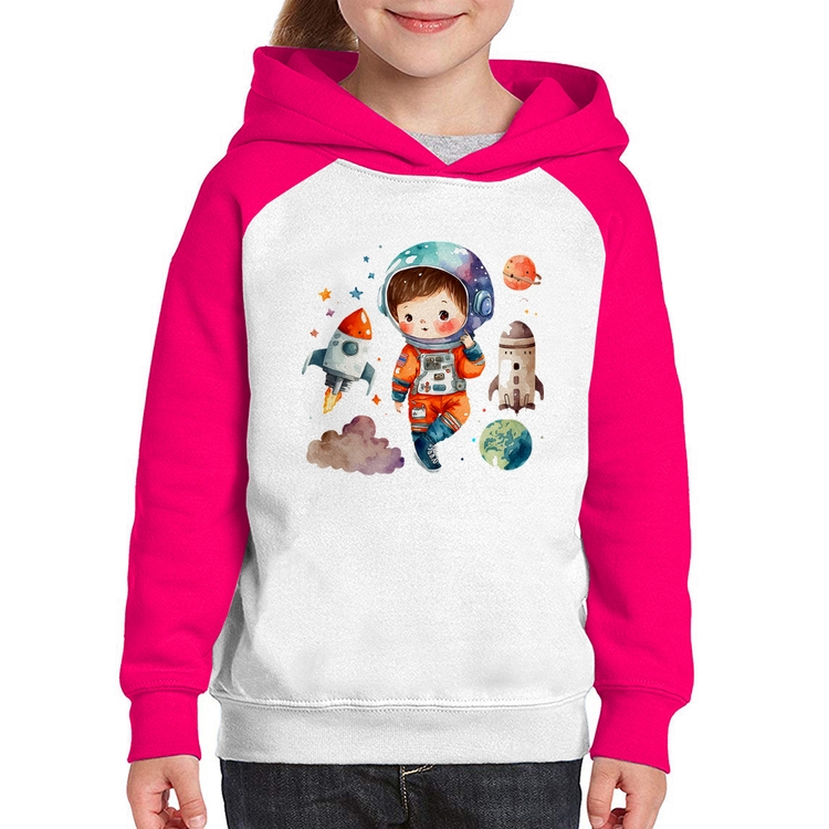 Moletom Infantil Astronauta Criança e Foguetes - Branco/Rosa