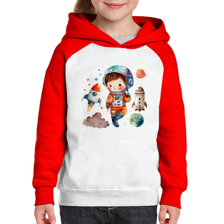 Moletom Infantil Astronauta Criança e Foguetes - Branco/Vermelho