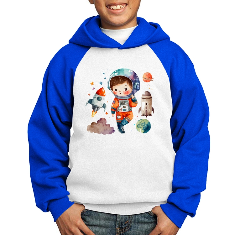 Moletom Infantil Astronauta Criança e Foguetes - Branco/Azul