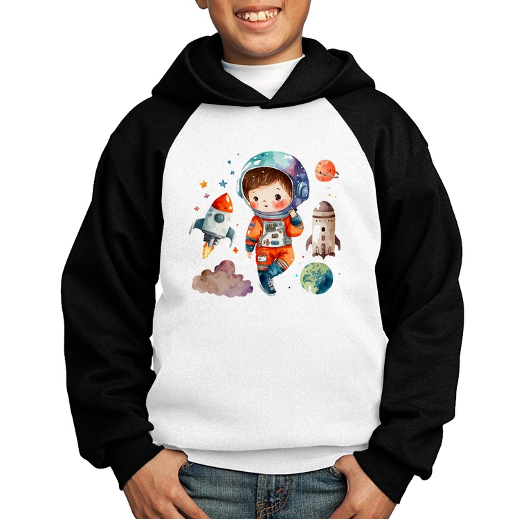 Moletom Infantil Astronauta Criança e Foguetes - Branco/Preto