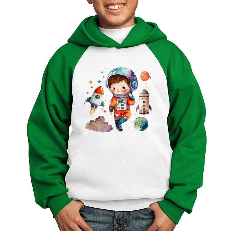 Moletom Infantil Astronauta Criança e Foguetes - Branco/Verde