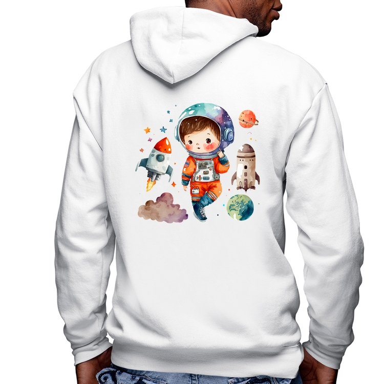 Blusa Moletom Astronauta Criança e Foguetes Masculina com Capuz e Zíper - Branca