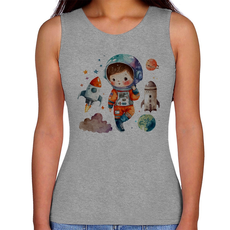 Regata Feminina Astronauta Criança e Foguetes - Cinza