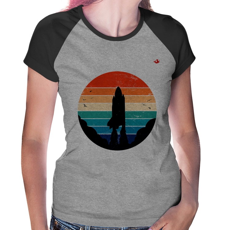 Baby Look Raglan Astronomia Vintage Sunset - Cinza/Preto