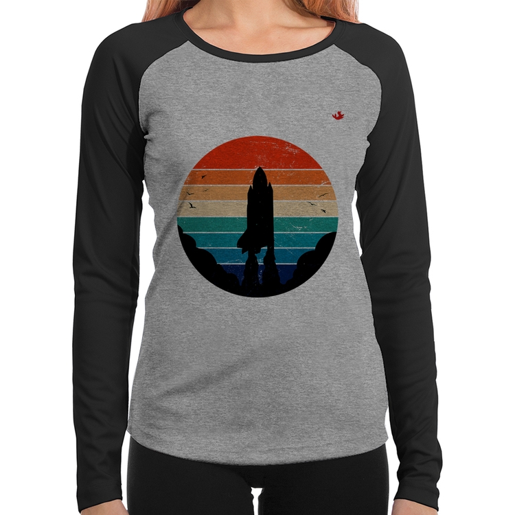 Baby Look Raglan Astronomia Vintage Sunset Manga Longa - Cinza/Preto