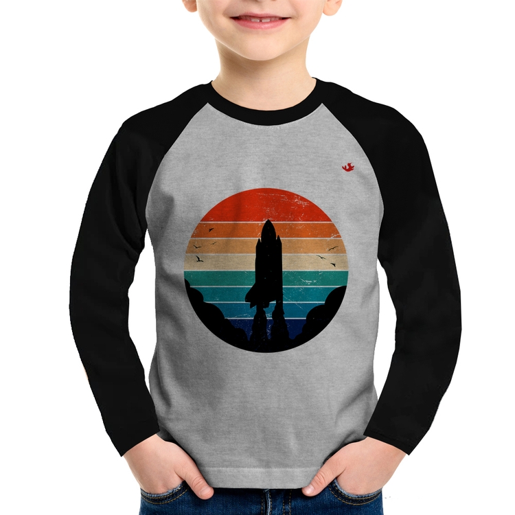 Camiseta Raglan Infantil Astronomia Vintage Sunset Manga Longa - Cinza/Preto
