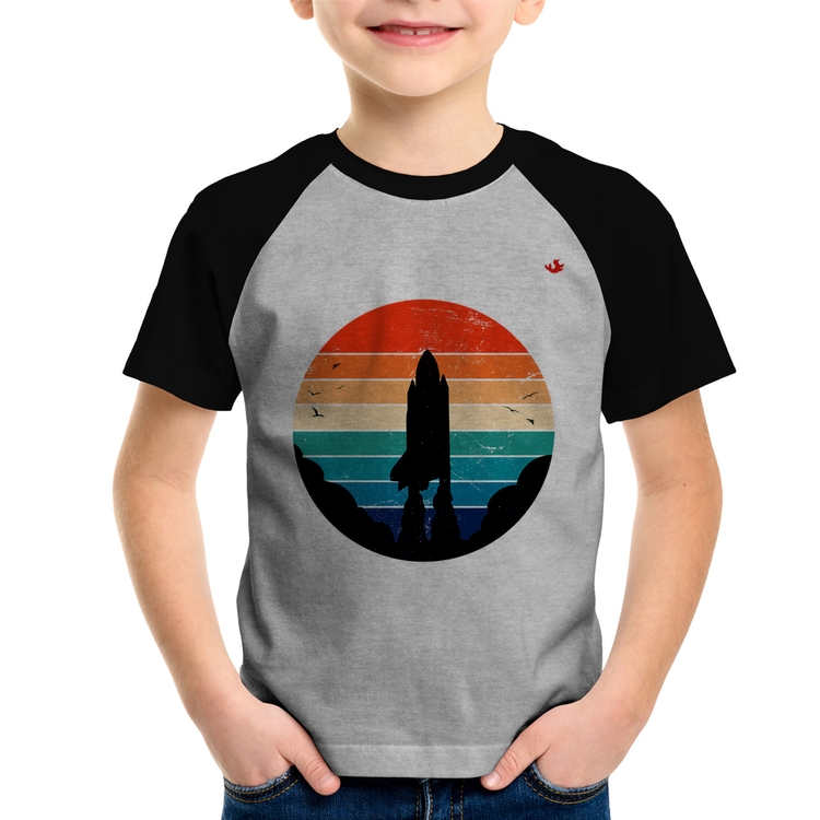 Camiseta Raglan Infantil Astronomia Vintage Sunset - Cinza/Preto