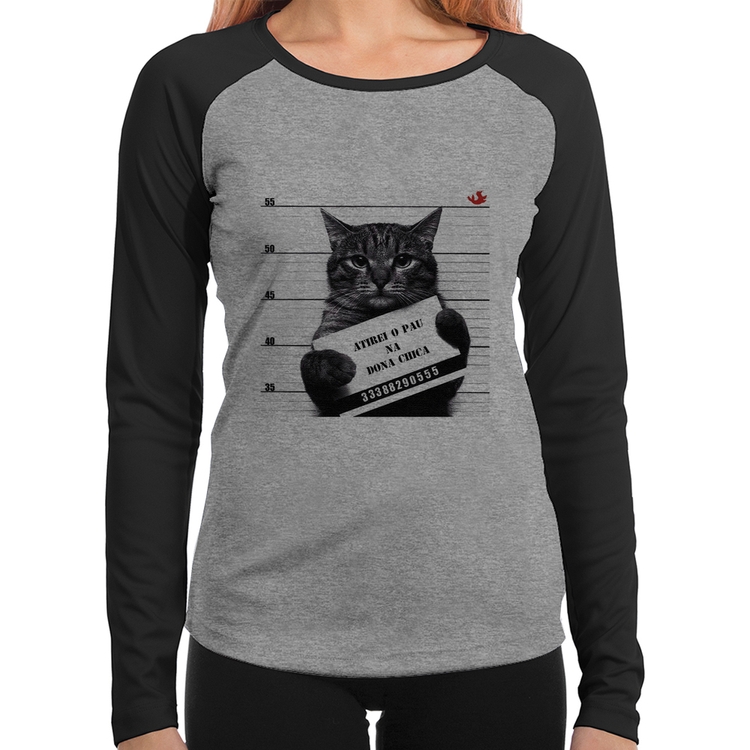 Baby Look Raglan Atirei o pau na Dona Chica Manga Longa - Cinza/Preto