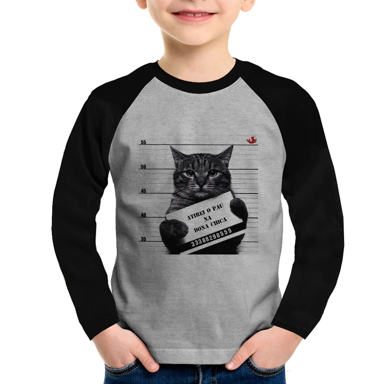 Camiseta Raglan Infantil Atirei o pau na Dona Chica Manga Longa - Cinza/Preto