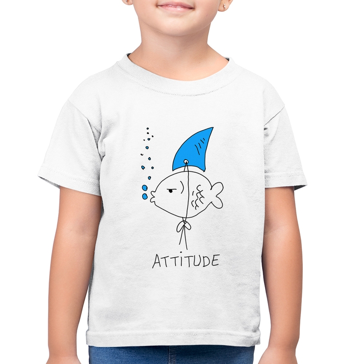 Camiseta Algodão Infantil Atitude Peixe Tubarão - Branca