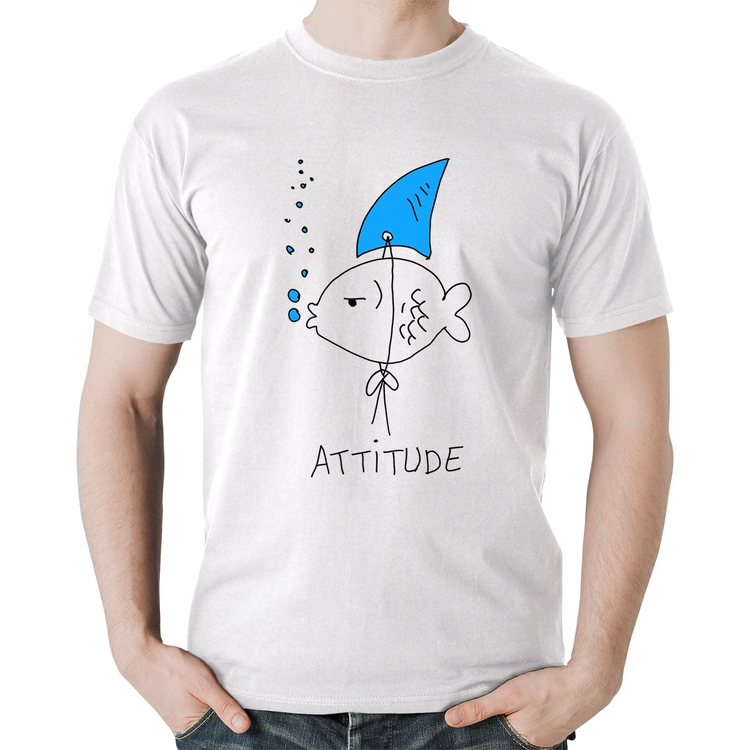 Camiseta Algodão Atitude Peixe Tubarão - Branca