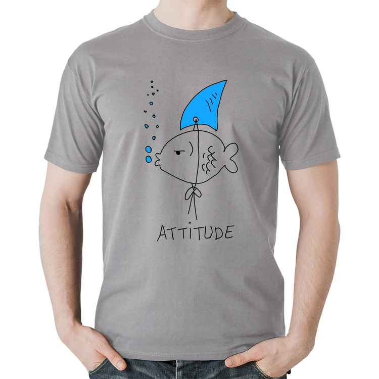 Camiseta Algodão Atitude Peixe Tubarão - Cinza