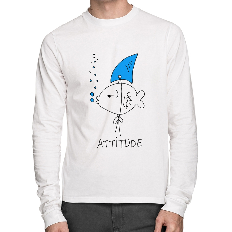 Camiseta Algodão Atitude Peixe Tubarão Manga Longa - Branca