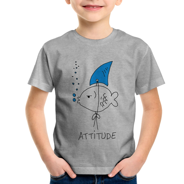 Camiseta Infantil Atitude Peixe Tubarão - Cinza
