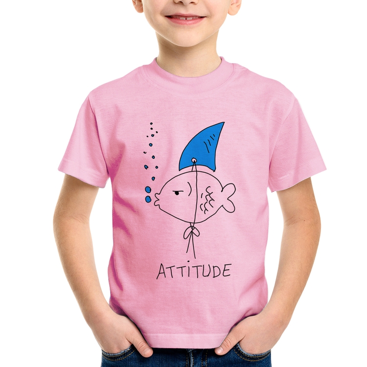 Camiseta Infantil Atitude Peixe Tubarão - Rosa Bebê