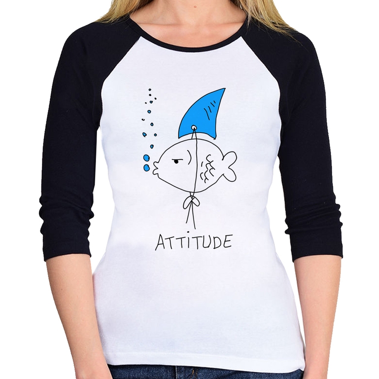 Baby Look Raglan Atitude Peixe Tubarão Manga 3/4