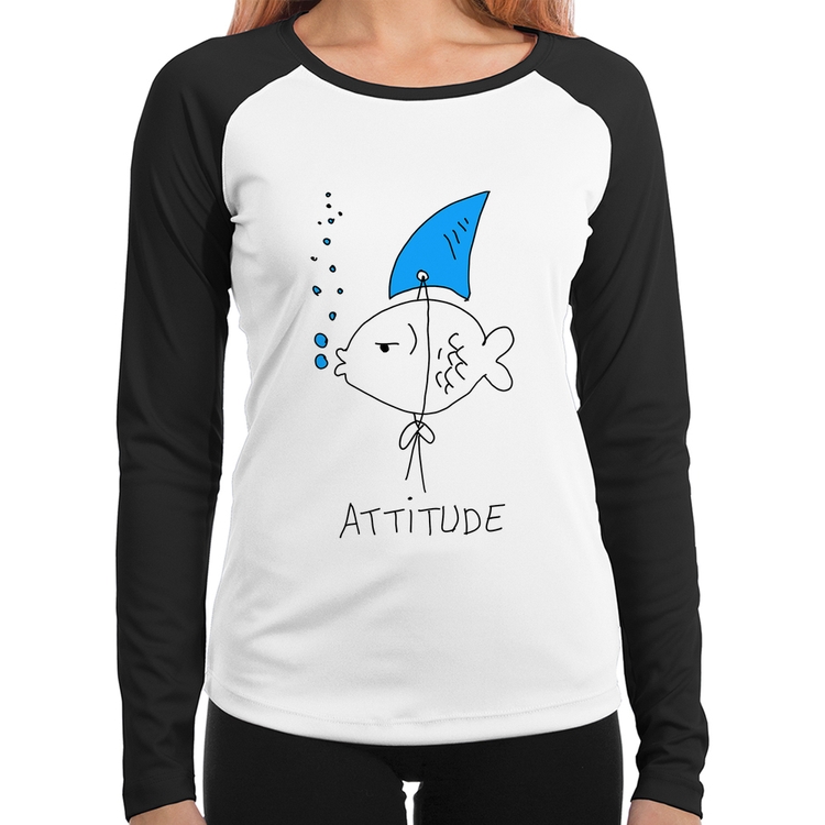 Baby Look Raglan Atitude Peixe Tubarão Manga Longa