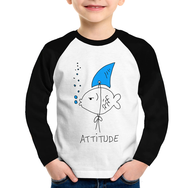 Camiseta Raglan Infantil Atitude Peixe Tubarão Manga Longa