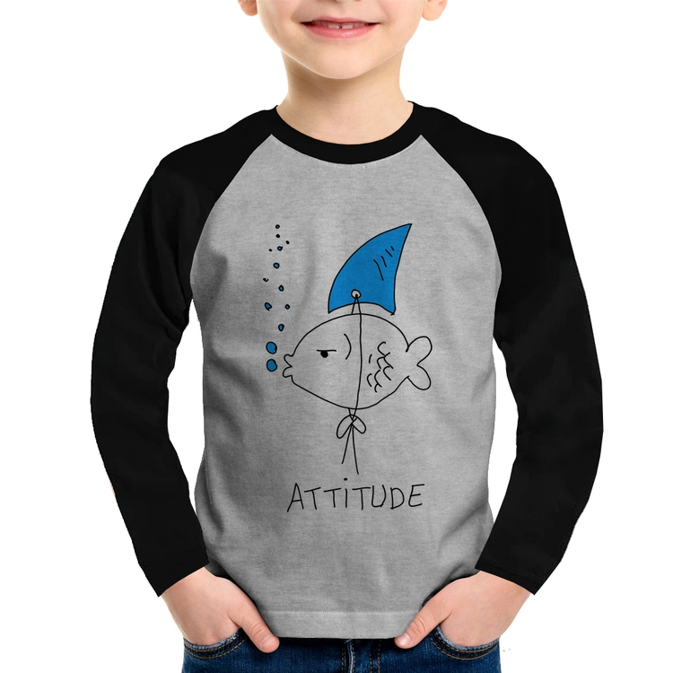 Camiseta Raglan Infantil Atitude Peixe Tubarão Manga Longa - Cinza/Preto