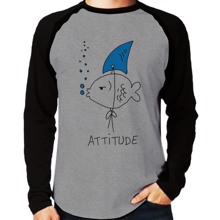 Camiseta Raglan Atitude Peixe Tubarão Manga Longa - Cinza/Preto