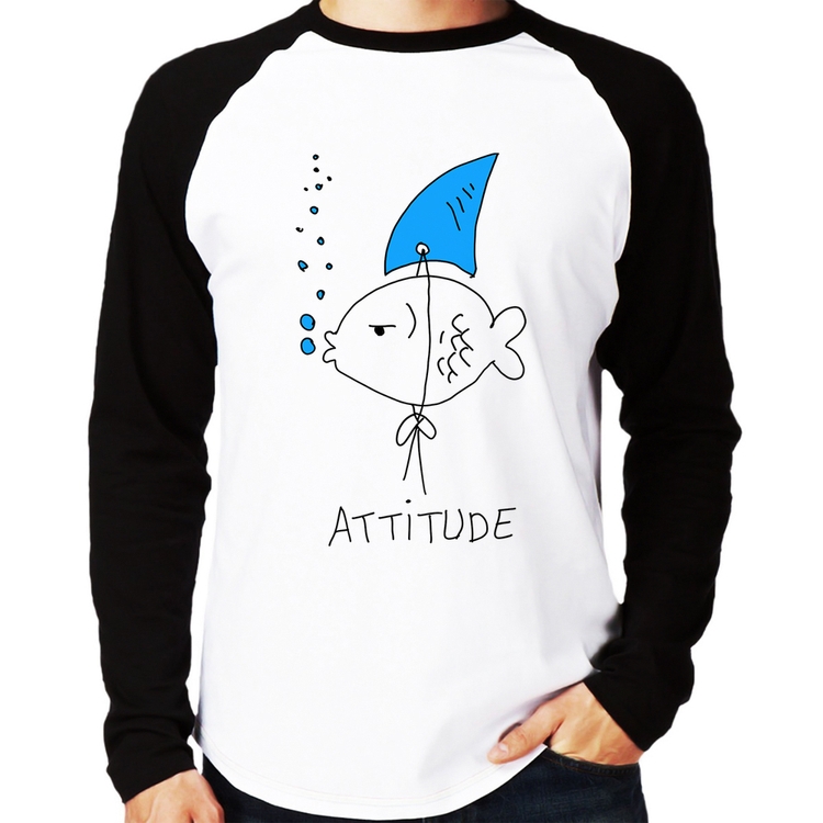 Camiseta Raglan Atitude Peixe Tubarão Manga Longa