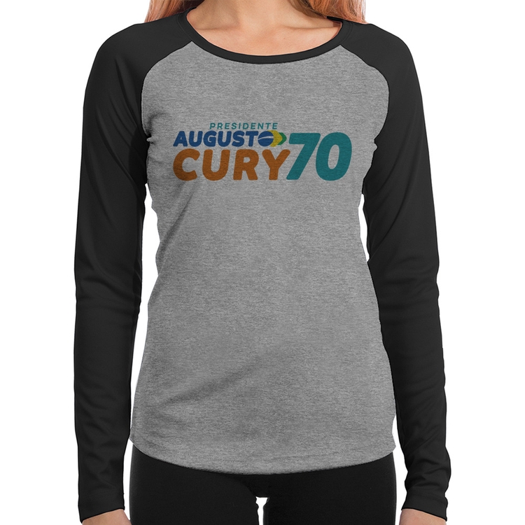 Baby Look Raglan Augusto Cury 70 Avante Manga Longa - Cinza/Preto