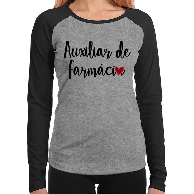 Baby Look Raglan Auxiliar de Farmácia por Amor Manga Longa - Cinza/Preto