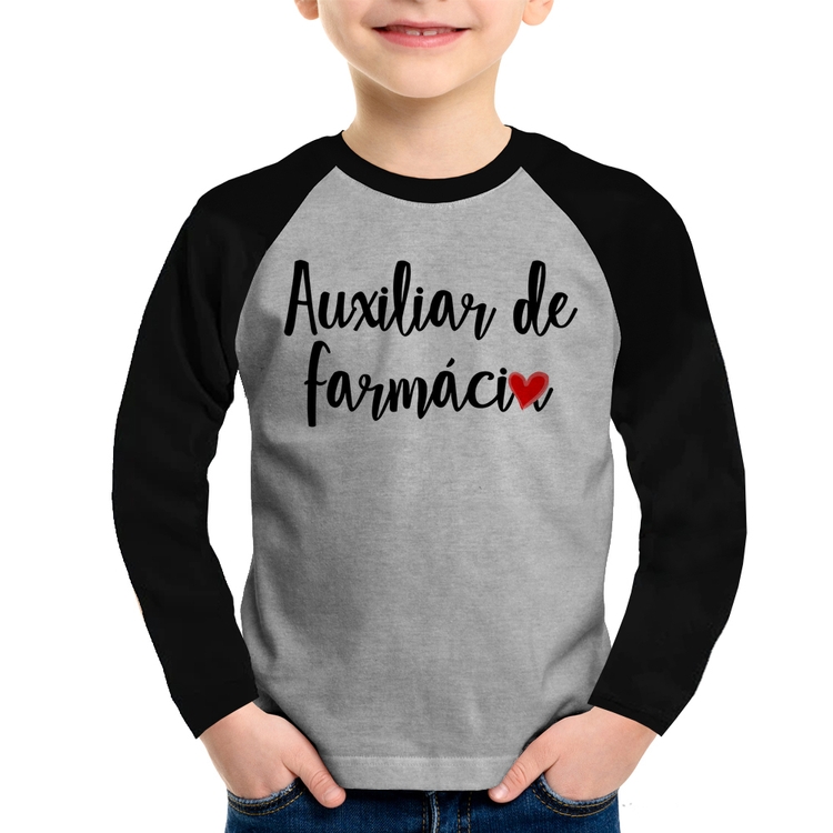 Camiseta Raglan Infantil Auxiliar de Farmácia por Amor Manga Longa - Cinza/Preto