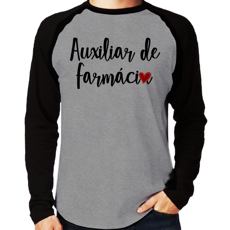 Camiseta Raglan Auxiliar de Farmácia por Amor Manga Longa - Cinza/Preto