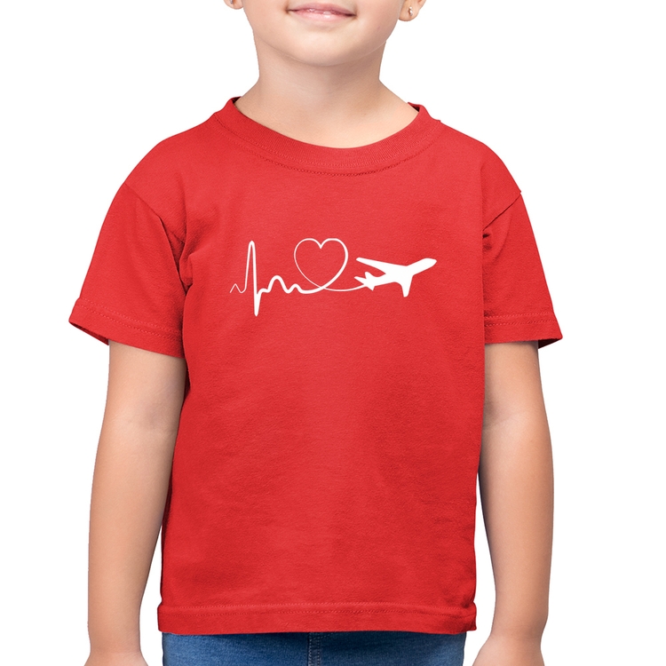 Camiseta Algodão Infantil Avião Batimentos Cardíacos Coração - Vermelha