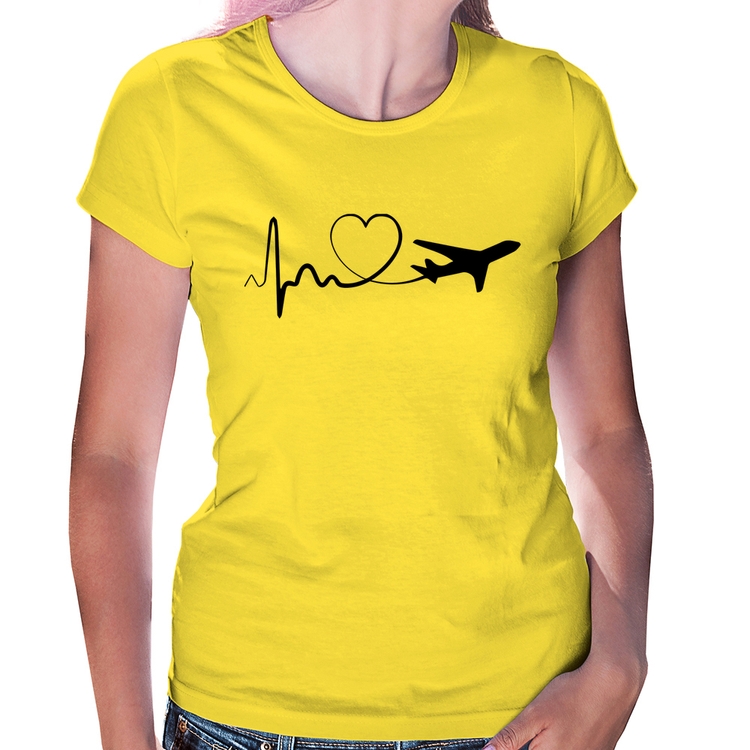 Baby Look Avião Batimentos Cardíacos Coração - Amarela