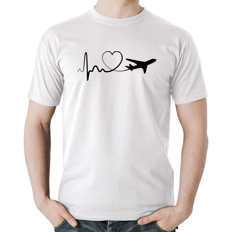 Camiseta Algodão Avião Batimentos Cardíacos Coração - Branca