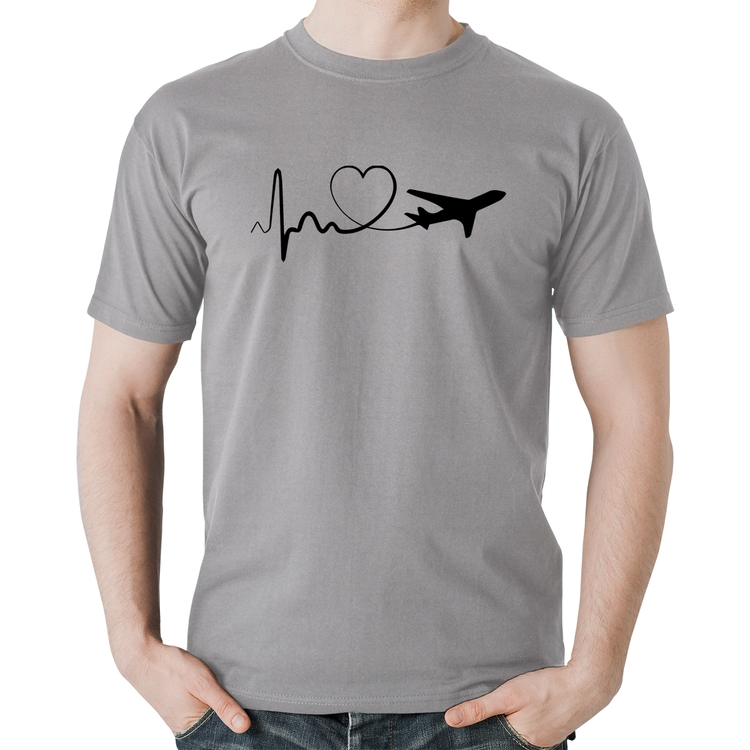 Camiseta Algodão Avião Batimentos Cardíacos Coração - Cinza