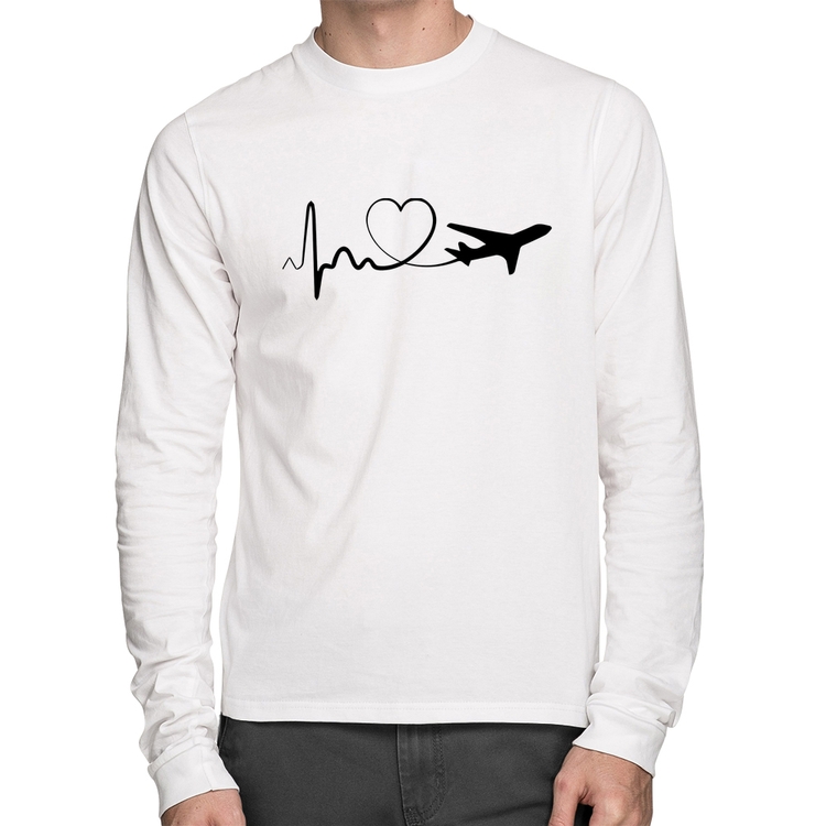 Camiseta Algodão Avião Batimentos Cardíacos Coração Manga Longa - Branca