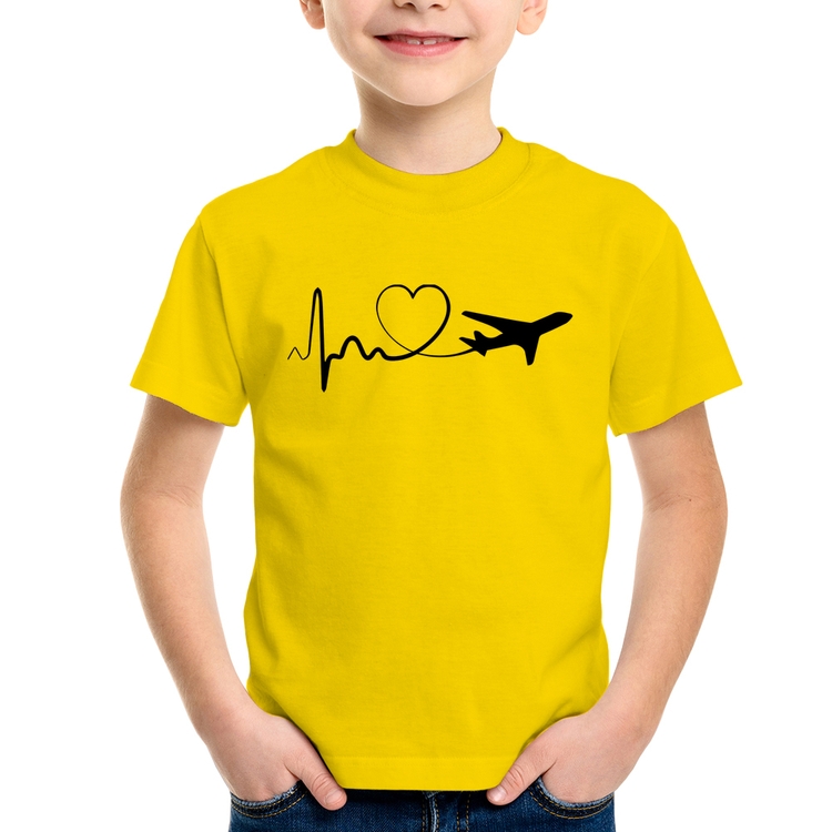 Camiseta Infantil Avião Batimentos Cardíacos Coração - Amarela