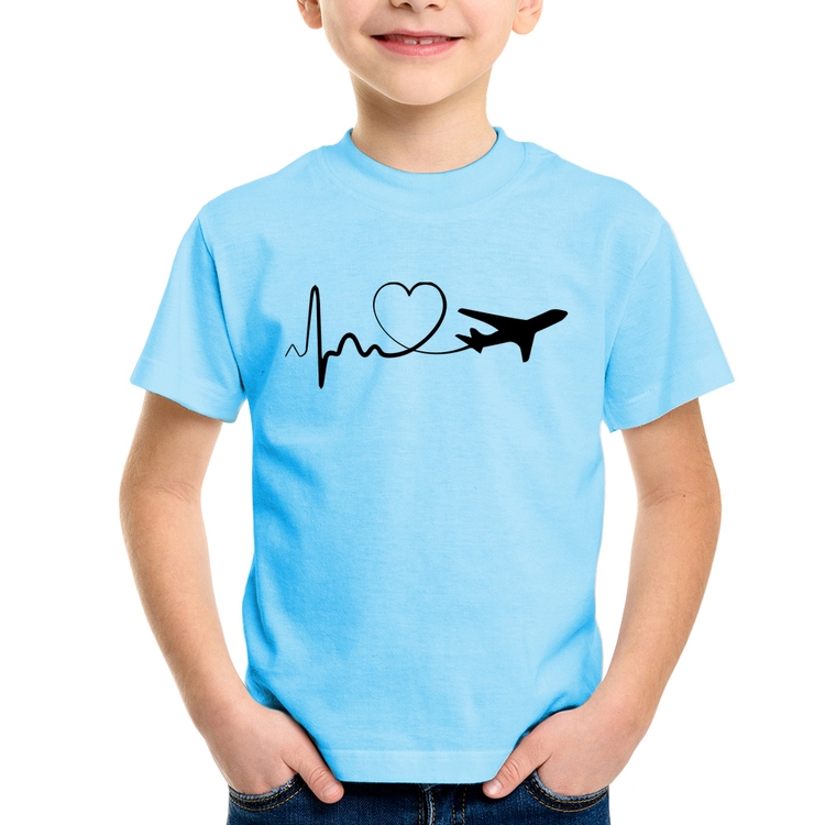 Camiseta Infantil Avião Batimentos Cardíacos Coração - Azul Bebê