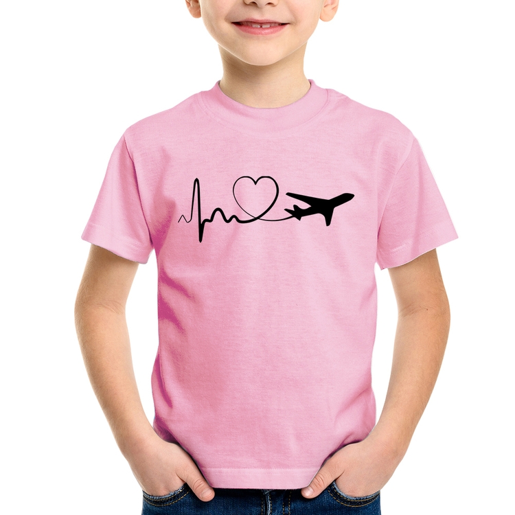 Camiseta Infantil Avião Batimentos Cardíacos Coração - Rosa Bebê