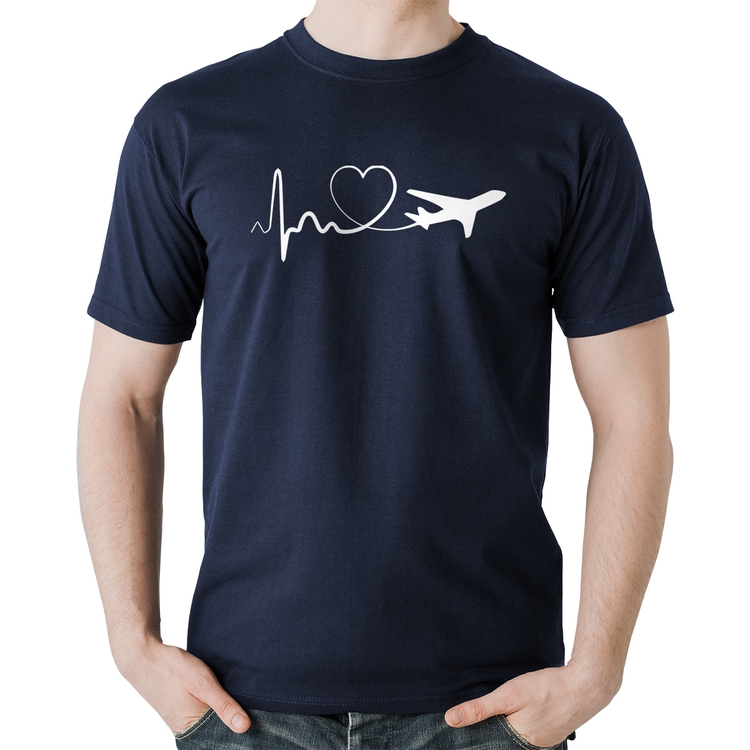 Camiseta Algodão Avião Batimentos Cardíacos Coração - Marinho