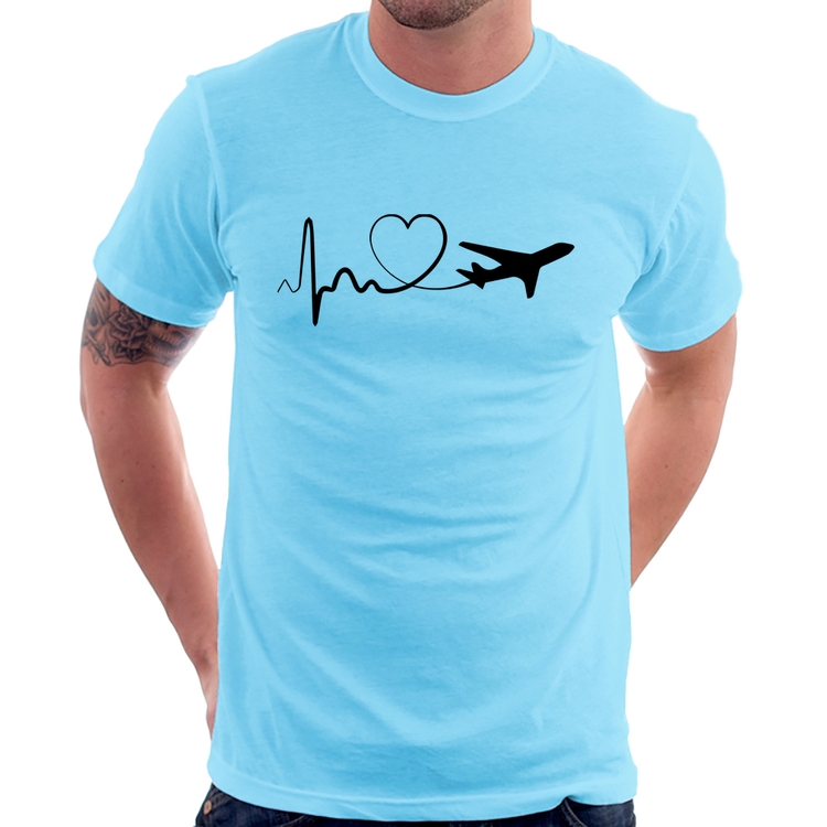 Camiseta Avião Batimentos Cardíacos Coração - Azul Bebê