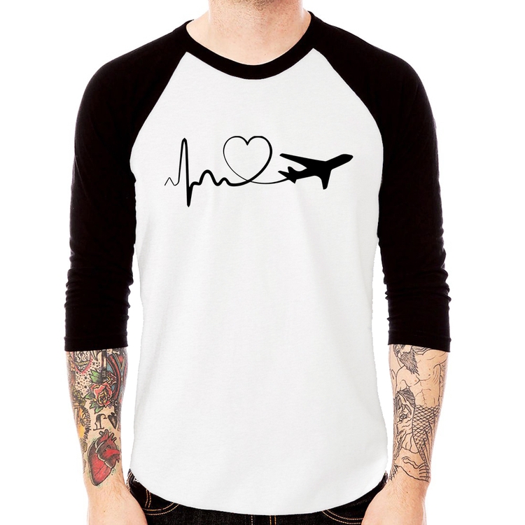 Camiseta Raglan Avião Batimentos Cardíacos Coração Manga 3/4
