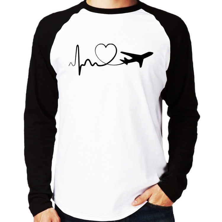 Camiseta Raglan Avião Batimentos Cardíacos Coração Manga Longa