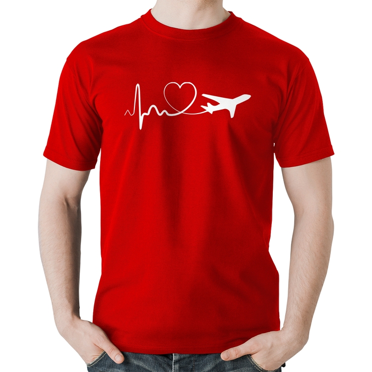 Camiseta Algodão Avião Batimentos Cardíacos Coração - Vermelha