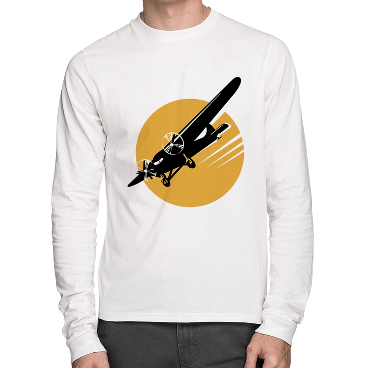 Camiseta Algodão Avião Bimotor Manga Longa - Branca