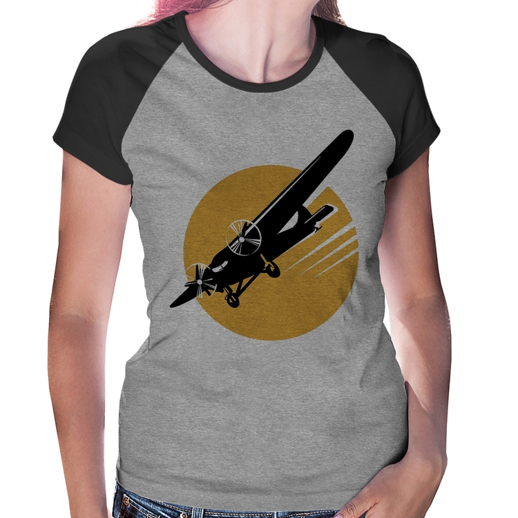 Baby Look Raglan Avião Bimotor - Cinza/Preto