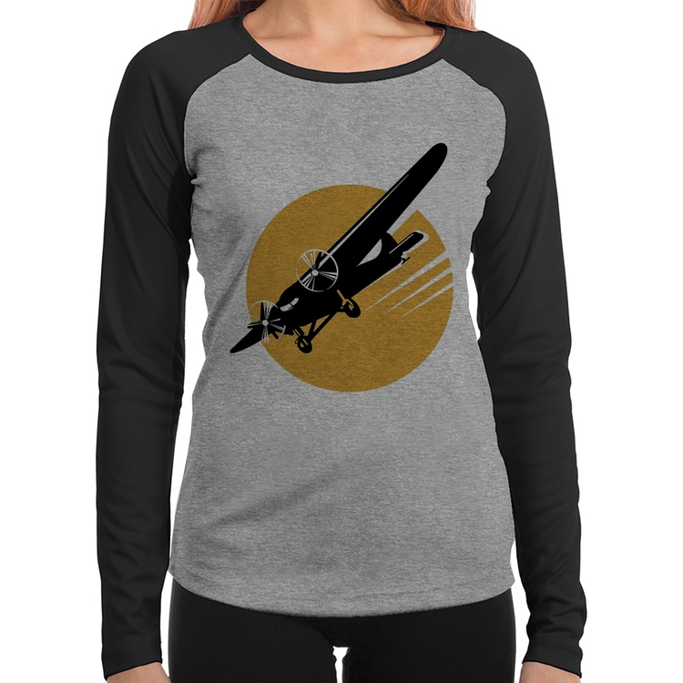 Baby Look Raglan Avião Bimotor Manga Longa - Cinza/Preto